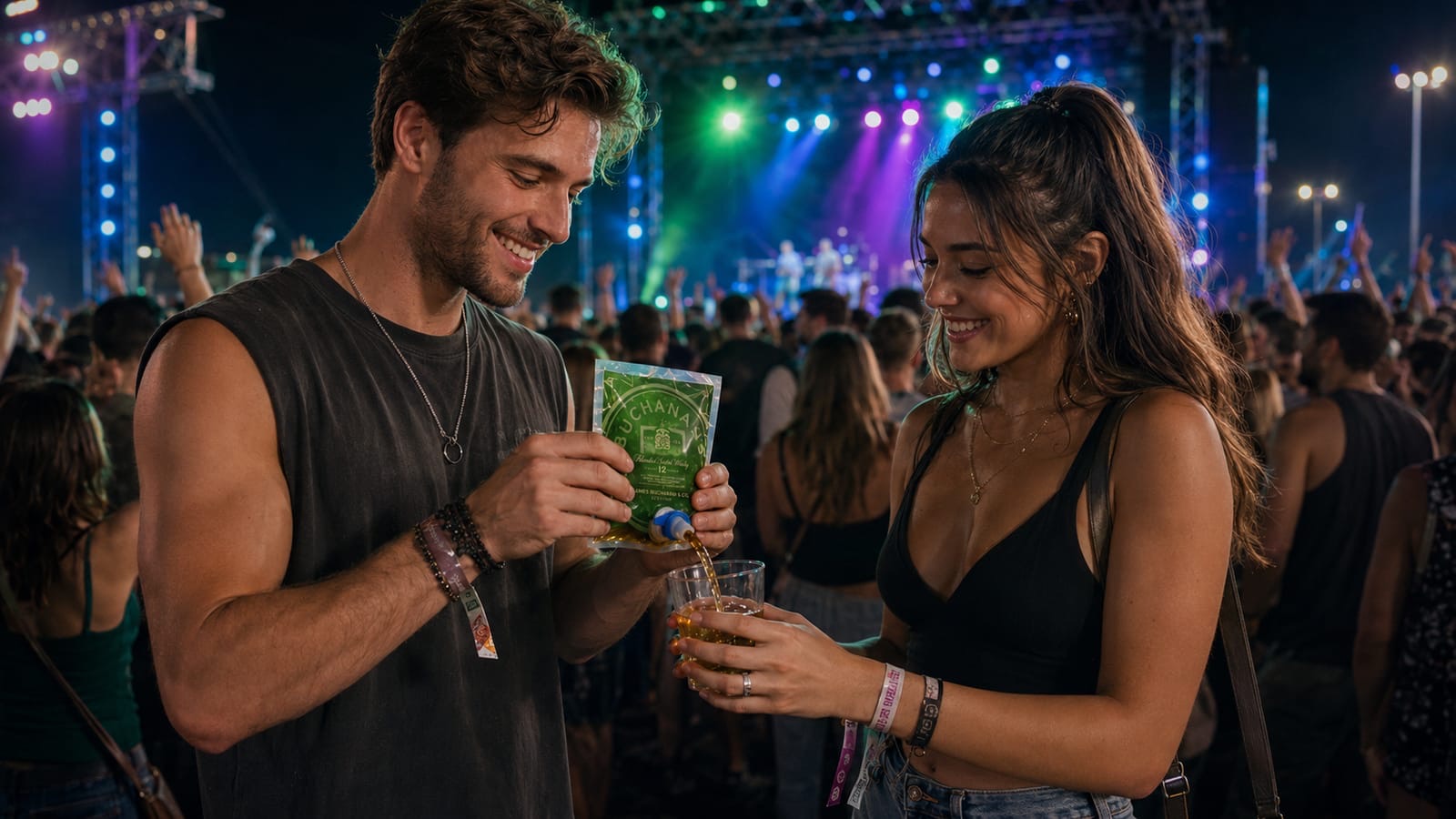 Pareja compartiendo un doypack en un festival de música