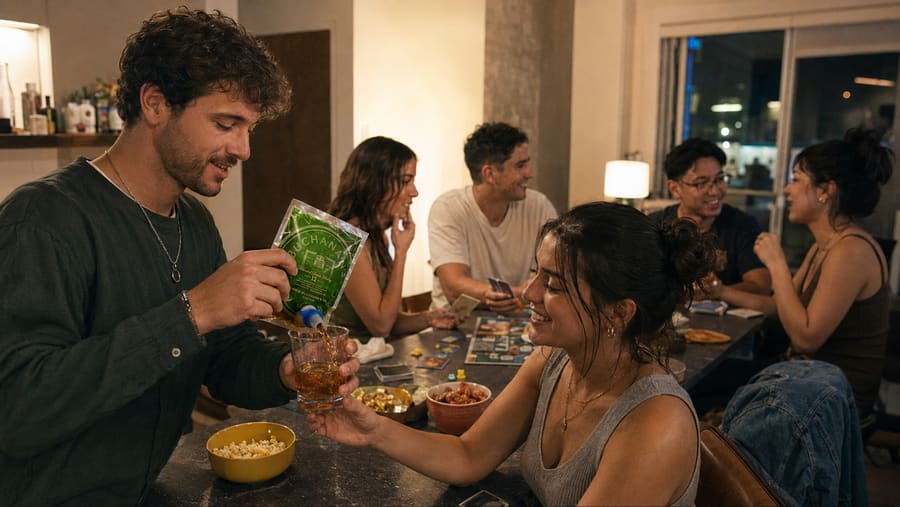 Amigos compartiendo un doypack en una noche de juegos