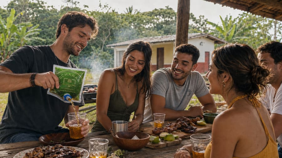 Grupo de amigos compartiendo un doypack en una finca