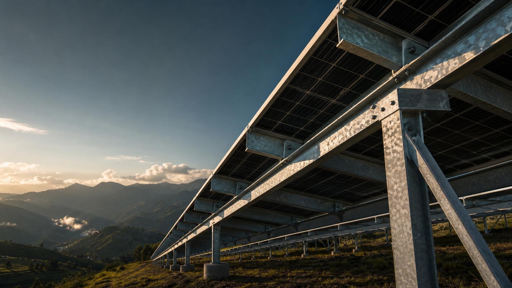 Estructura fotovoltaica galvanizada al amanecer en la montaña