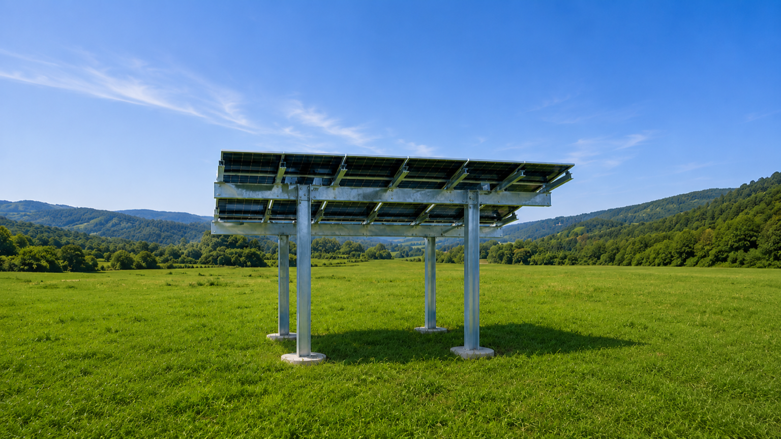 Estructura M24 biposte con módulos fotovoltaicos sobre pradera